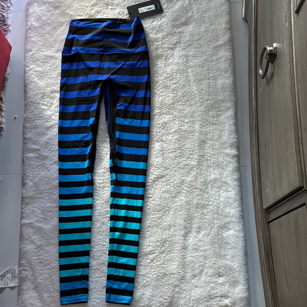 K-DEER NWT Blue and Black Striped Alexis full-length leggings